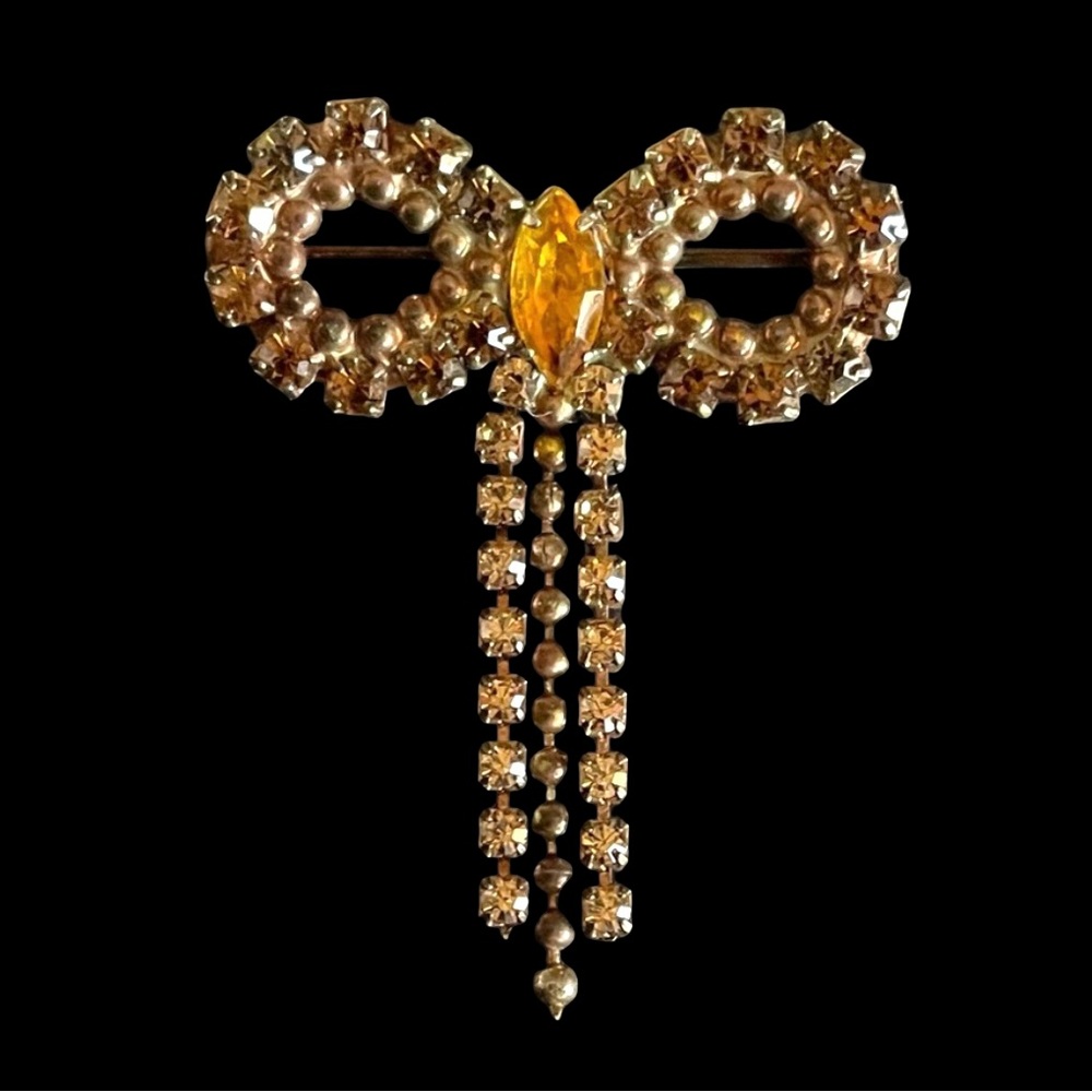 Vintage Topaz Rhinestone Ribbon Bow Brooch